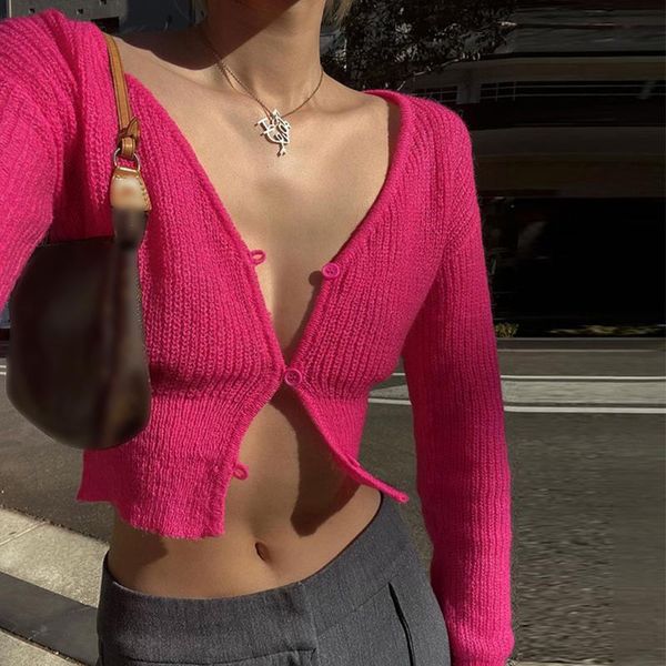 

women's knits & tees zebery pink kawaii cropped sweater autumn aesthetic long sleeve button up knitted cardigan women skinny casual 90s, White