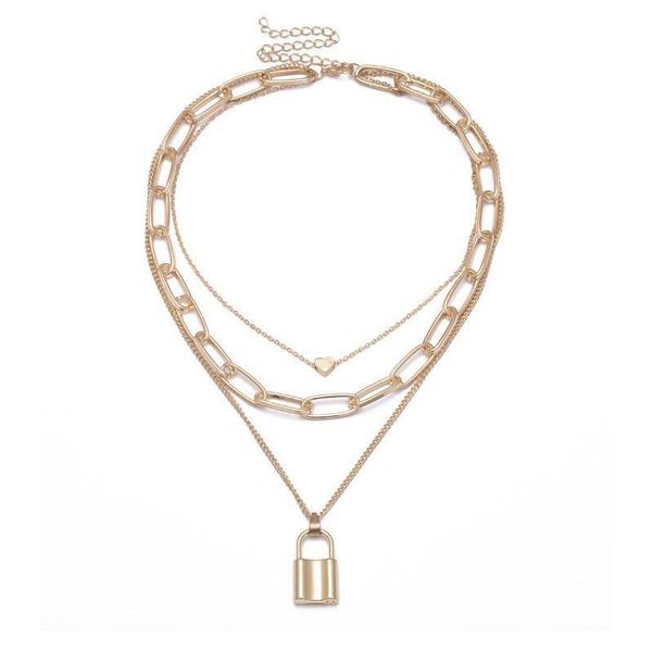 

pendant necklaces fashion necklace multi-layer geometric lock-shaped love choker thick chain hip-hop padlock heart collar christmas gift, Silver