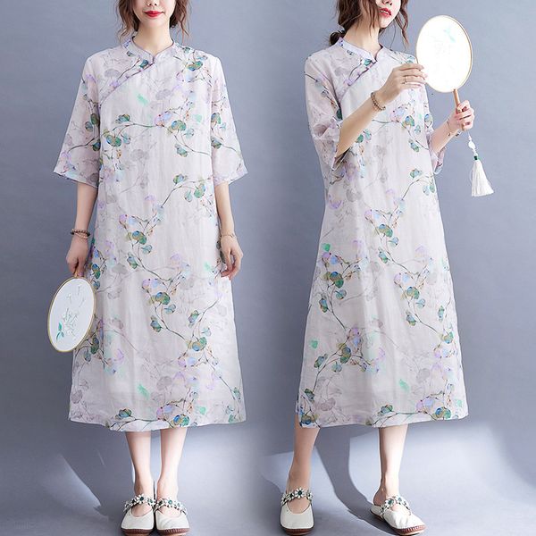 

luxury casual dresses 2021 summer simple elegant printing art chine style qipao improved version drs loose skirt, Black;gray
