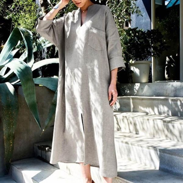 

casual dresses zanzea plus size women sundress autumn v neck long sleeve solid dress vintage split hem loose vestidos kaftan robe femme, Black;gray