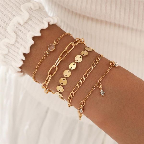 

5pcs/set gold wafer crystal tassel charm bracelet set for women girl alloy geometric layered bangles statement jewelry link, chain, Black