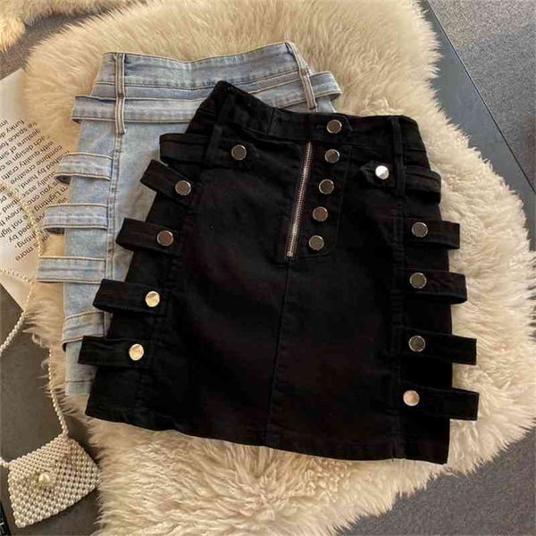 

spring and summer fashion slim high waist wild breasted a-line denim skirt 210724, Black