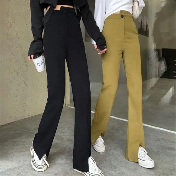 

women's pants & capris fashion women long trousers black split wide leg 2021 breathable high waist button wild suit feminino, Black;white