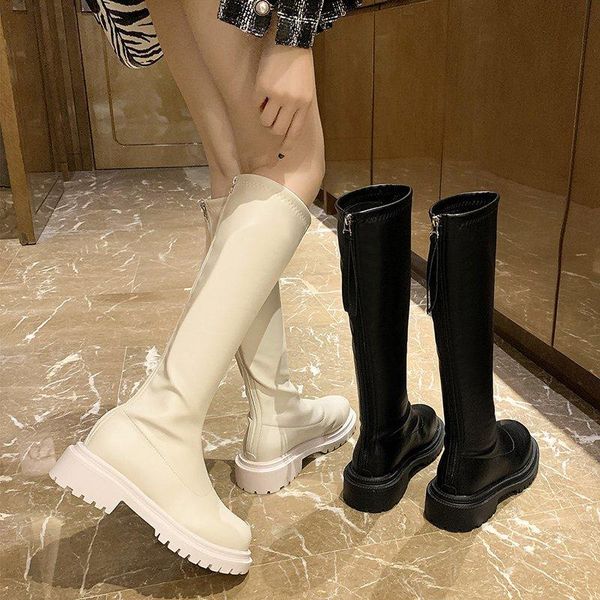 

boots 2022 winter style fleece chunky heel knee high women tube thinner-looked shorty botas de mujer, Black