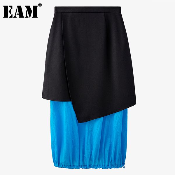 

[eam] blue irregular pleated contrast color drawstring high waist half-body skirt women fashion spring summer 1dd8516 210512, Black
