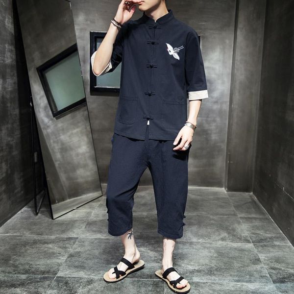 

men's tracksuits chinese type -5xl plus size men tracksuit mandarin collar half sleeve vintage shirts+cropped pants 2pcs set clothes x, Gray