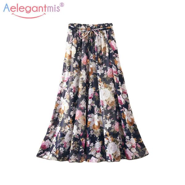 Aelegantmis Frauen Böhmischen Sommer Strand Rock Mit Gürtel Damen Blumendruck Chiffon Lange Hohe Taille Big Hem Boho s 210607