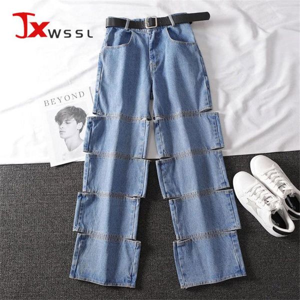 

women's jeans women light blue denim hollow out spliced high waist loose trousers fashion ladies pants tide spring autumn 2021