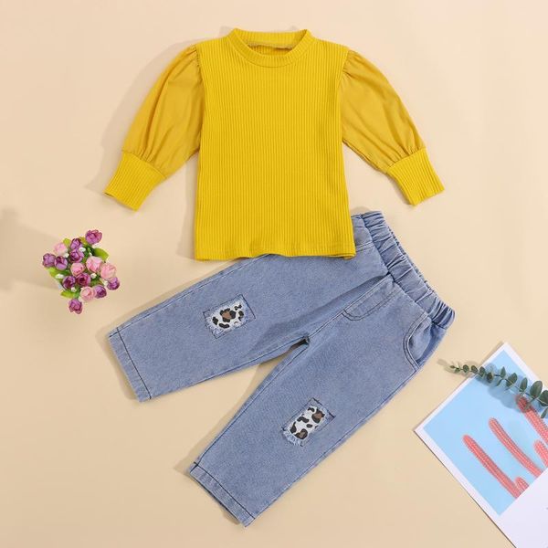 

clothing sets sweet, casual toddler girls 2pcs fall outfits, long puff sleeve rib knit + patchwork denim pants set, White