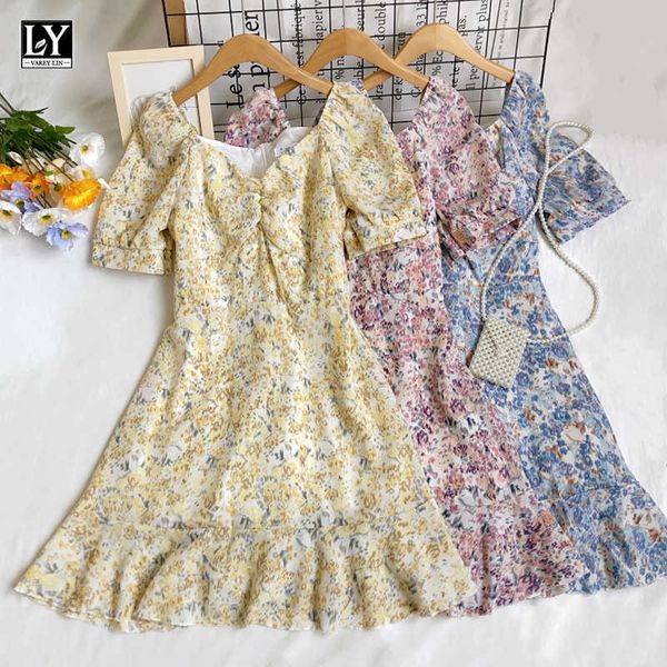 

ly varey lin summer sweet female high waist a-line short dresses women casual square collar puff sleeve floral 210526, Black;gray