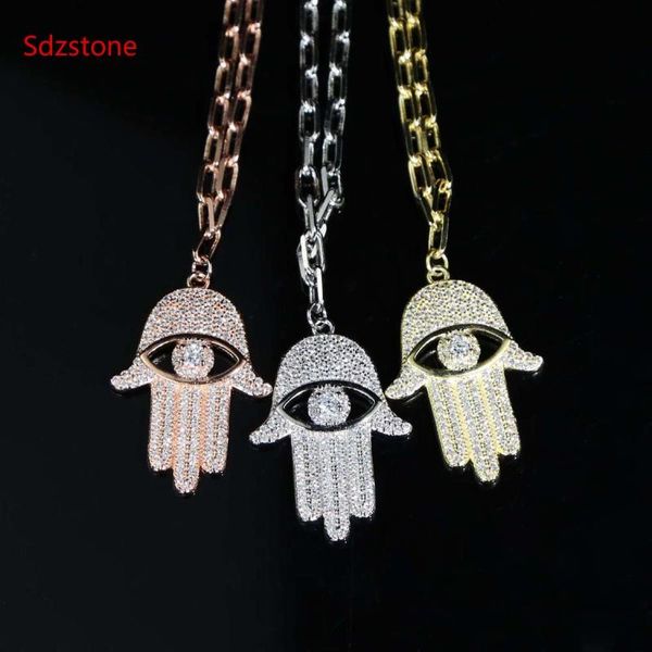 

chains sdzstone gold color jewelry mens womens hip hop micro iced out hamsa hands pendant with 18" link chain necklaces, Silver