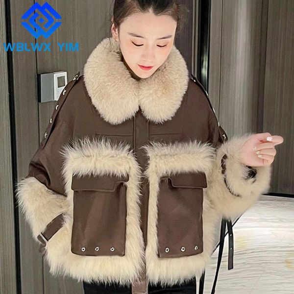 

women's leather & faux winter women pu jacket zipper fashion natural fur collar coat autumn thick warm loose female, Black