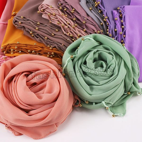

women lace edges golden pearl beaded hijabs plain chiffon shawls islamic/muslim hijab wraps scarf, Blue;gray