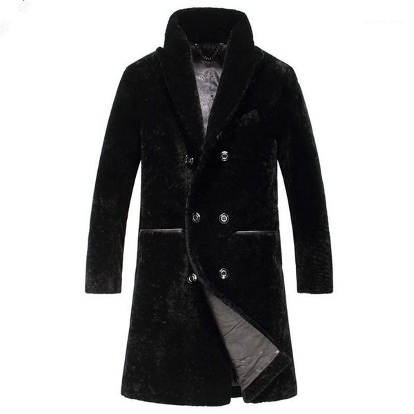 

men's leather & faux natural sheep shearling fur coat warm winter jacket men wool coats clothes winterjas heren t16202 my790, Black