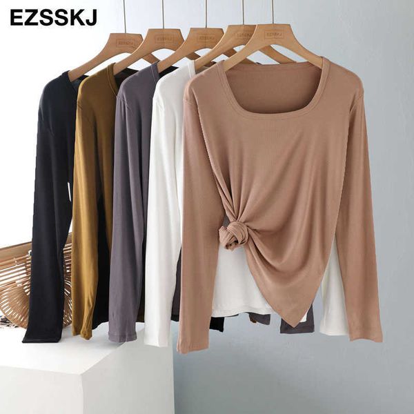 

spring summer bottom cotton long sleeve u-neck slim t shirt women long sleeve casual basic t shirt tee female 210621, White