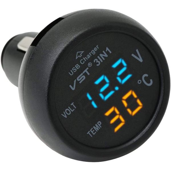 Digitale LED-Auto-Voltmessgeräte, Zigarettenanzünder-Voltmeter, Thermometer, LKW, USB-Ladegerät, 12 V/24 V, Temperaturmessgerät, 3-in-1/2-in-1