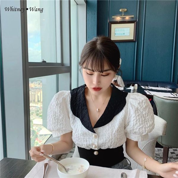 

women's blouses & shirts whitney wang 2021 summer fashion vintage style colors contrast puff sleeve blouse women blusas lady shirt, White