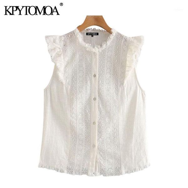 

women 2021 fashion embroidery frayed trims ruffled blouses vintage sleeveless button-up female shirts blusas chic women's &, White