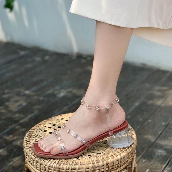 

dress shoes summer pvc crystal sandals transparent diamond heel studed open toe beach women, Black