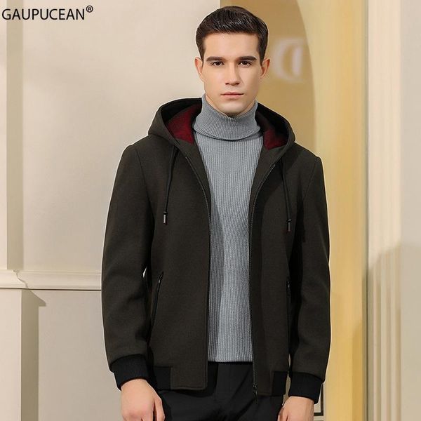 

men's jackets wool warm quality winter men hooded jacket zipper fashion zip up pockets short style overcoat casual man woolen hoodie co, Black;brown