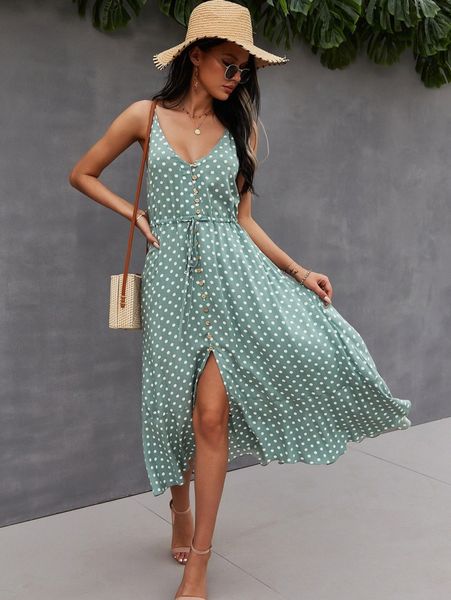 

button through drawstring waist polka dot cami dress 24h1#, Black;gray