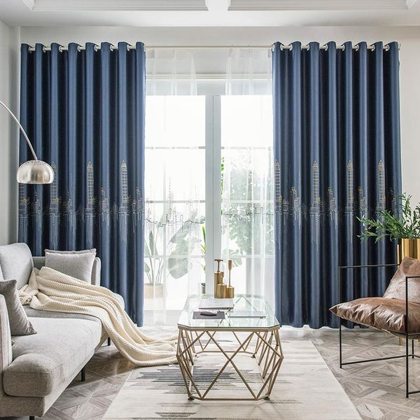 

simple dark blue embroidered curtains fashion and modern style blackout for living room bedroom curtain & drapes
