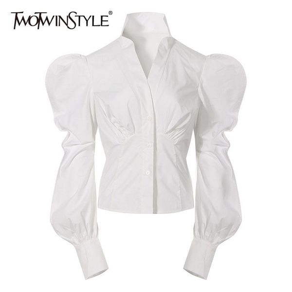 

white slim temperament shirt for women v neck long sleeve casual joker blouse female fashion clothing spring 210524