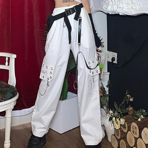 

women's pants & capris harajuku punk black cargo women gothic chain white wide leg trousers female hippie street style emo mall goth, Black;white