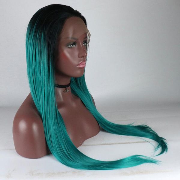 

synthetic wigs ombre green colored silky striahgt lace front wig for black women with baby hair high temperature cosplay daily