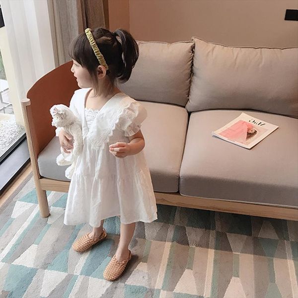 

2 7t toddler kid baby girl dresses clothes summer short sleeve white lace dress elegant ruffles cotton loose sundress cute, Red;yellow