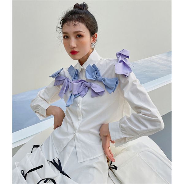 

women's blouses & shirts casual hit color blouse for woman lapel long sleeve bowknot elegant female shirt fashion clothes 6gii, White