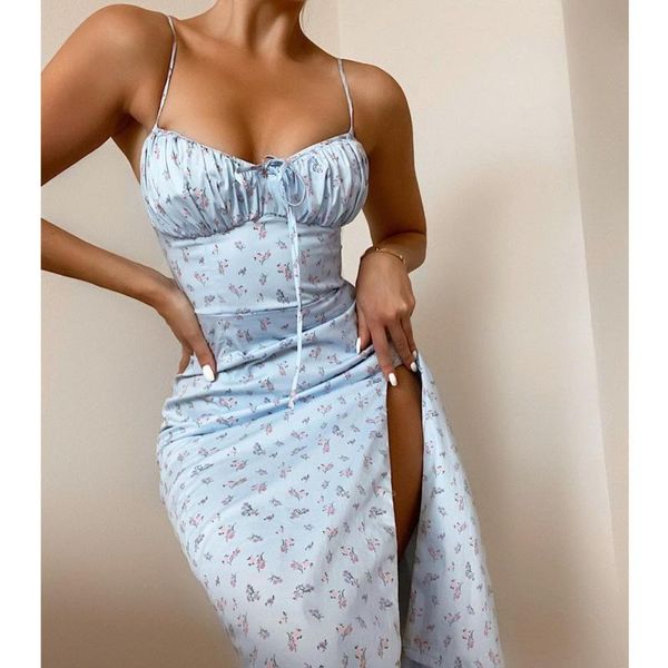 

casual dresses elegant women dress summer spaghetti strap floral print beach high split sleeveless long midi wrap sundress, Black;gray