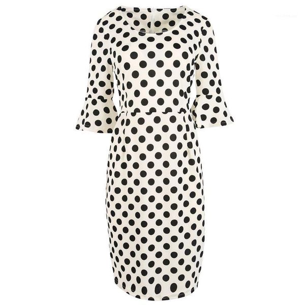

casual dresses 2021 autumn fashion women plus size retro vintage black/white/red bodycon elastic polka dot print flare sleeves pencil dress, Black;gray