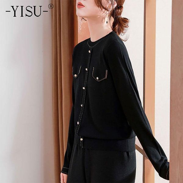 

women's knits & tees yisu pearl single breasted year women spring wool sweater cardigan solid color v-neck casual simple knitted, White