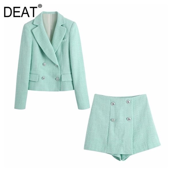 

[deat] spring fashion v-neck double breasted long sleeve blazer solid color shorts women two-piece suit 13c808 210527, White