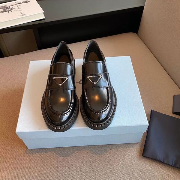 

wholesale women shoes luxury designer brand dress shoe metal triangle logo monolith brushed leather loafers platform heel pointed and round, Black