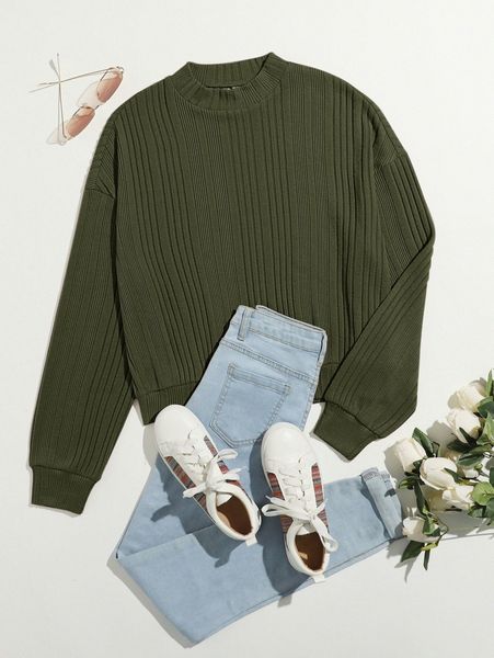 

drop shoulder rib-knit solid pullover e8vd#, White;black