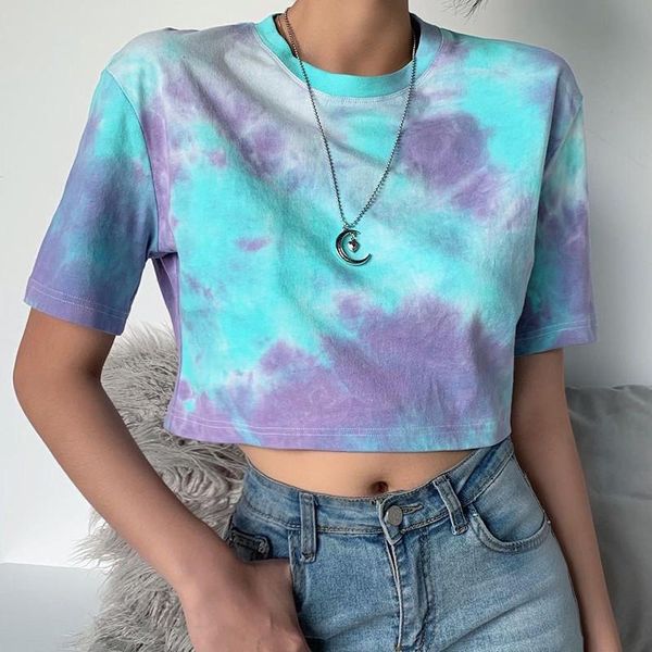 

women's t-shirt fashion boho printing women ladies tee casual short sleeve pullover t shirt summer tie dyeing crop streetwear cloth, White