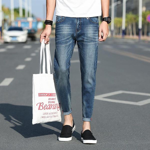 

elastic men's hong kong style slim simple leggings quality jeans men pants, Blue