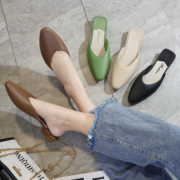 

slippers women pointed toe women's shoes sandals spring fashion pumps summer half outside slides drags cozy pu footwear, Black