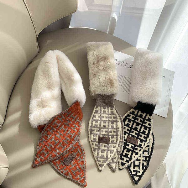 

scarves autumn and winter korean rex hair women's versatile warm stripe plush scarf thousand bird lattice imitation rabbit, Blue;gray