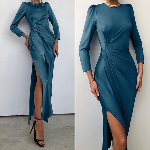 

casual dresses womens 2021 high slit satin bodycon dress celmia elegant long sleeve sheath party night club maxi vestidos 5xl 7, Black;gray