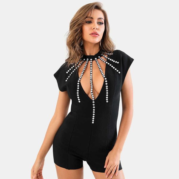 Ocstrade Bandage Overall Sexy V-ausschnitt Diamanten Schwarz Bodycon Frauen Promi Abend Party Club 210527