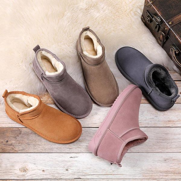 

boots men women couple winter snow genuine cowhide leather warm skew notch ankle women's short shoes large size, Black