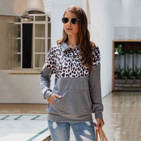 

autumn winter patchwork slim elegant hoodies turn down collar zipper women casual leopard pocket sweatshirt streetwear 210507, Black