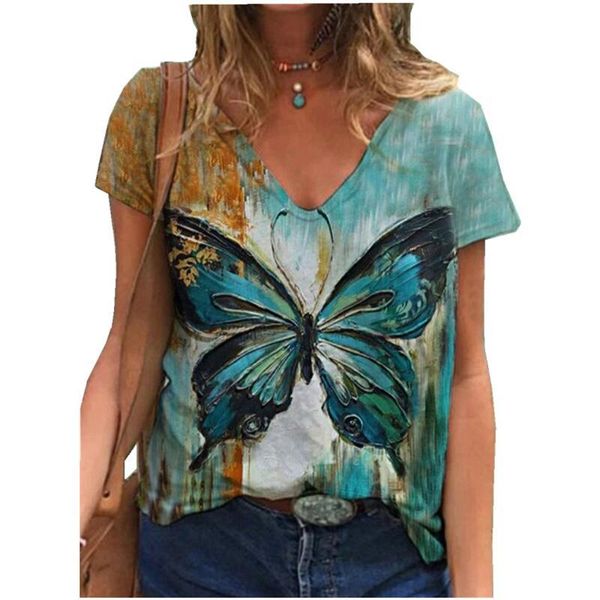 

summer women short sleeve v-neck shirt casual loose butterfly printed t-shirt streetwear pullover ladies women's, White