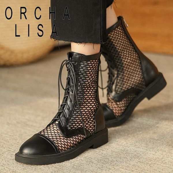 

boots orcha lisa 2021 women ankle round toe 3.5cm square heels patchwork lace-up zip stylish breathable big size 43 a3619, Black