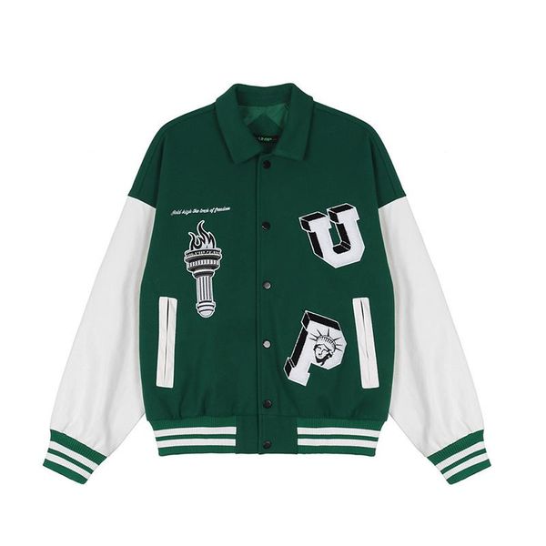 

men's jackets torch letter embroidery baseball uniform pu leather sleeve patchwork harajuku college style bomber jacket men winter coat, Black;brown