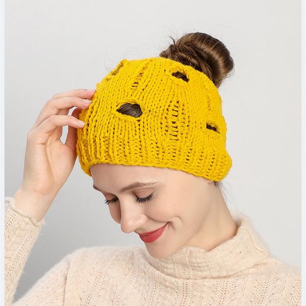 

beanies 2021 women winter autumn hat hole ponytail messy bun elastic adjustable sports knitted warm empty fashion korean
