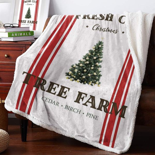 

sherpa fleece throw blanket- farm fresh christmas tree red stripes fuzzy soft flannel blanket reversible ultra luxurious plush